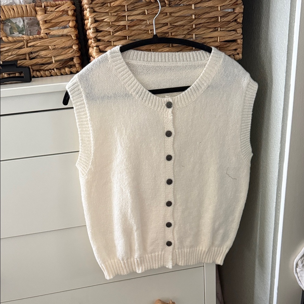 Sleeveless White Button-Up Sweater Vest